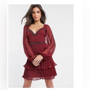 ASOS berry stud chiffon mini dress with pleated detail